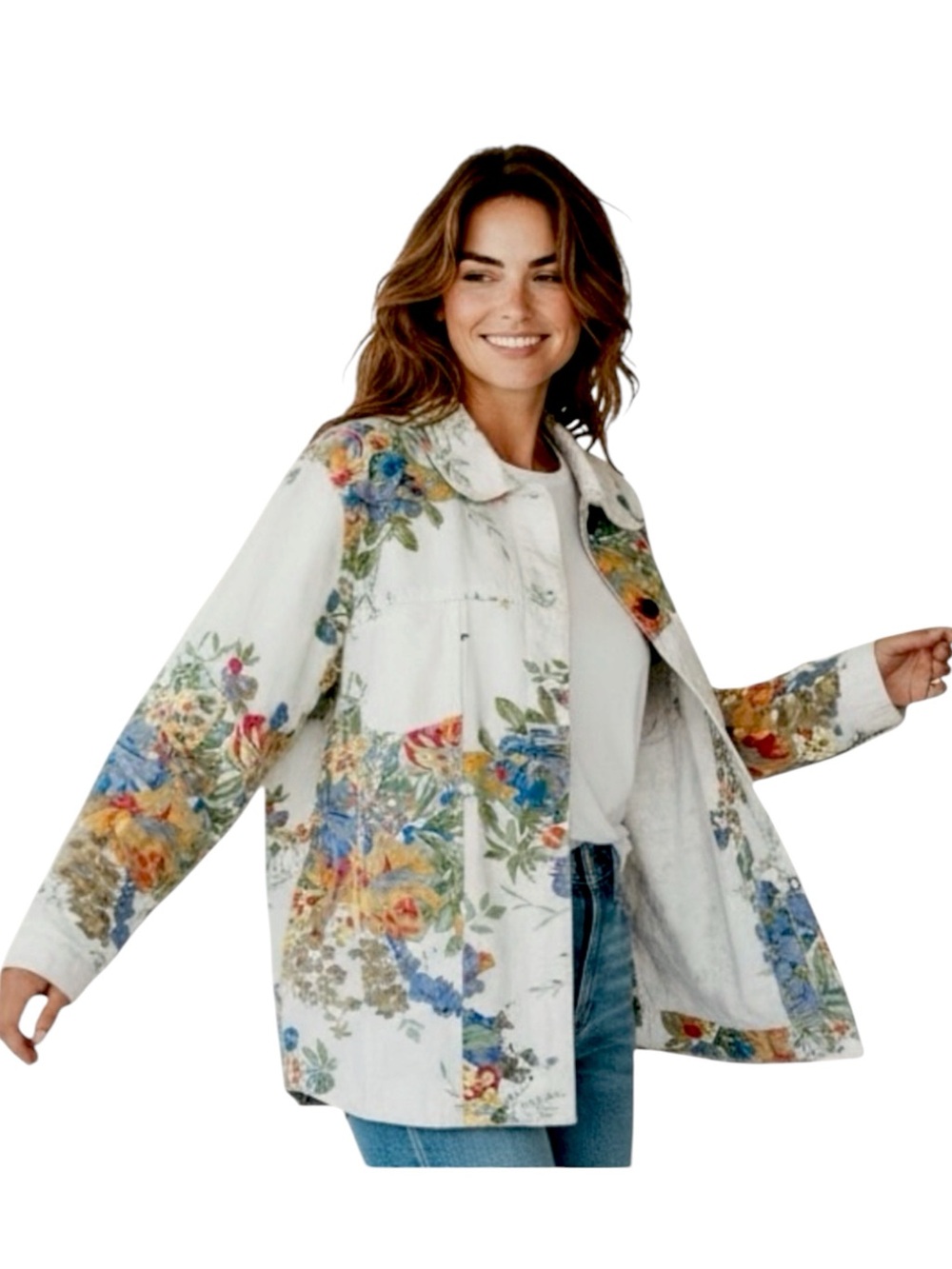 Susan Graver Oversized Denim Jacket White Floral